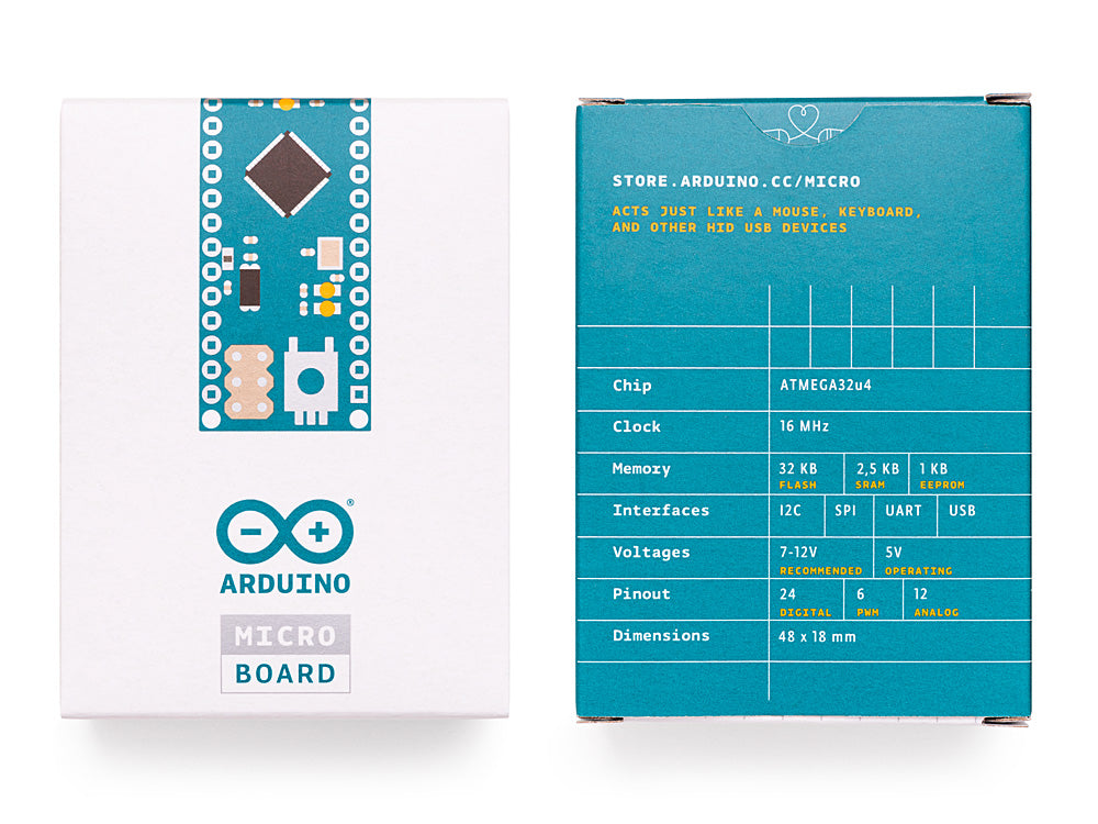 Retail packaging of Arduino Micro board with headers, featuring product branding and specifications.
