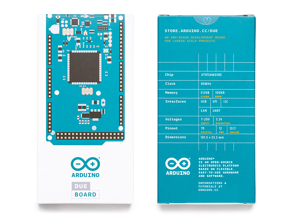 Front and back sides of the Arduino Due official retail packaging