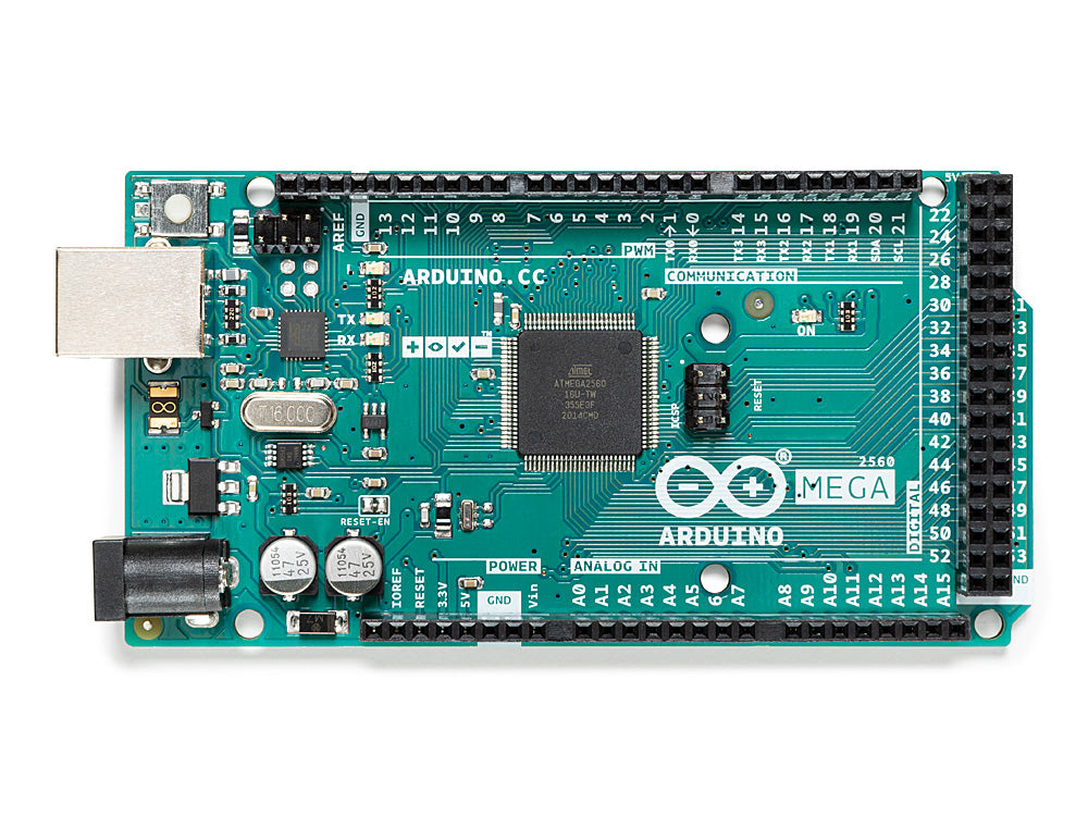 Front view of Arduino Mega 2560 Rev3 microcontroller board featuring ATmega2560 chip, 54 digital I/O pins, 16 analog inputs, USB Type-B port, and power jack.