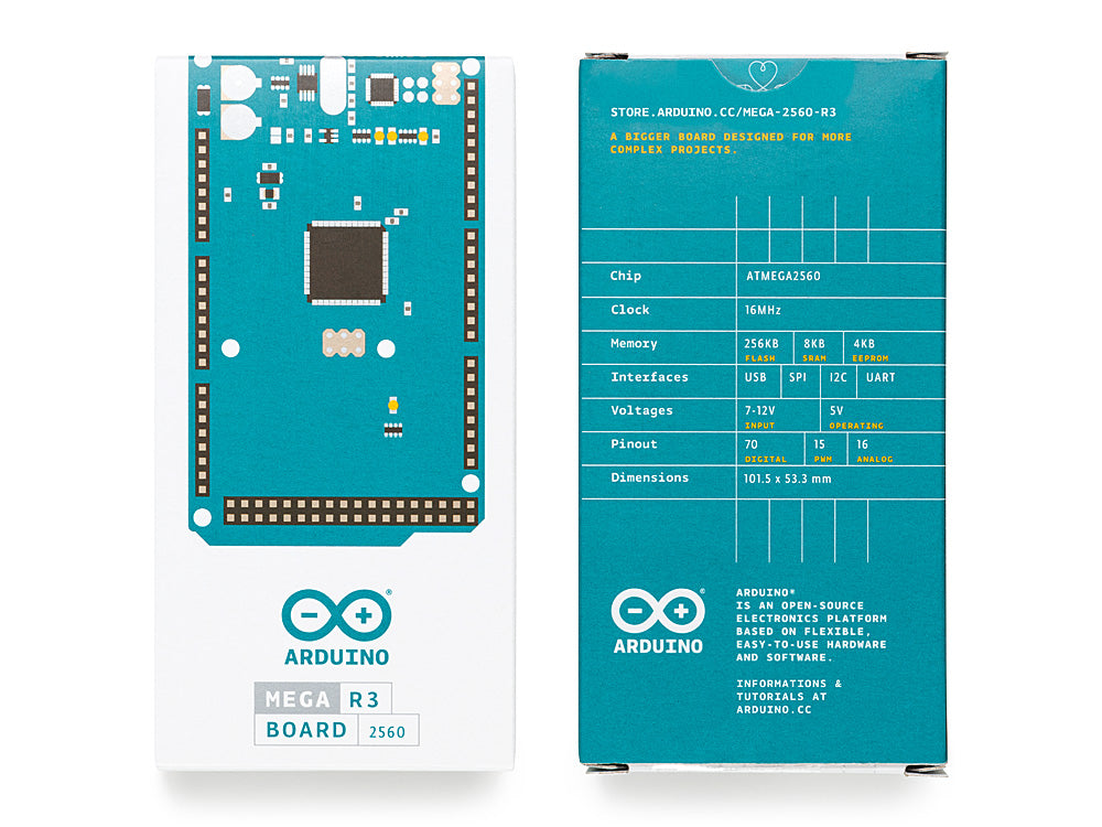 Retail packaging of Arduino Mega 2560 Rev3 board with product branding and specifications.