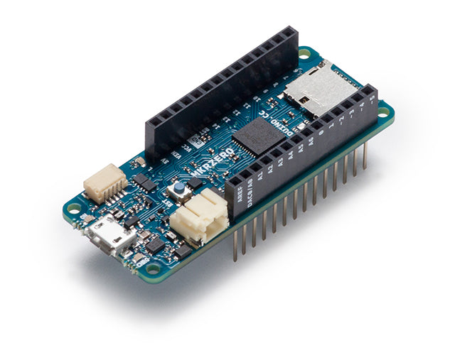Angled perspective of Arduino MKR Zero board highlighting micro USB connector, reset button, and onboard components on a compact blue PCB.