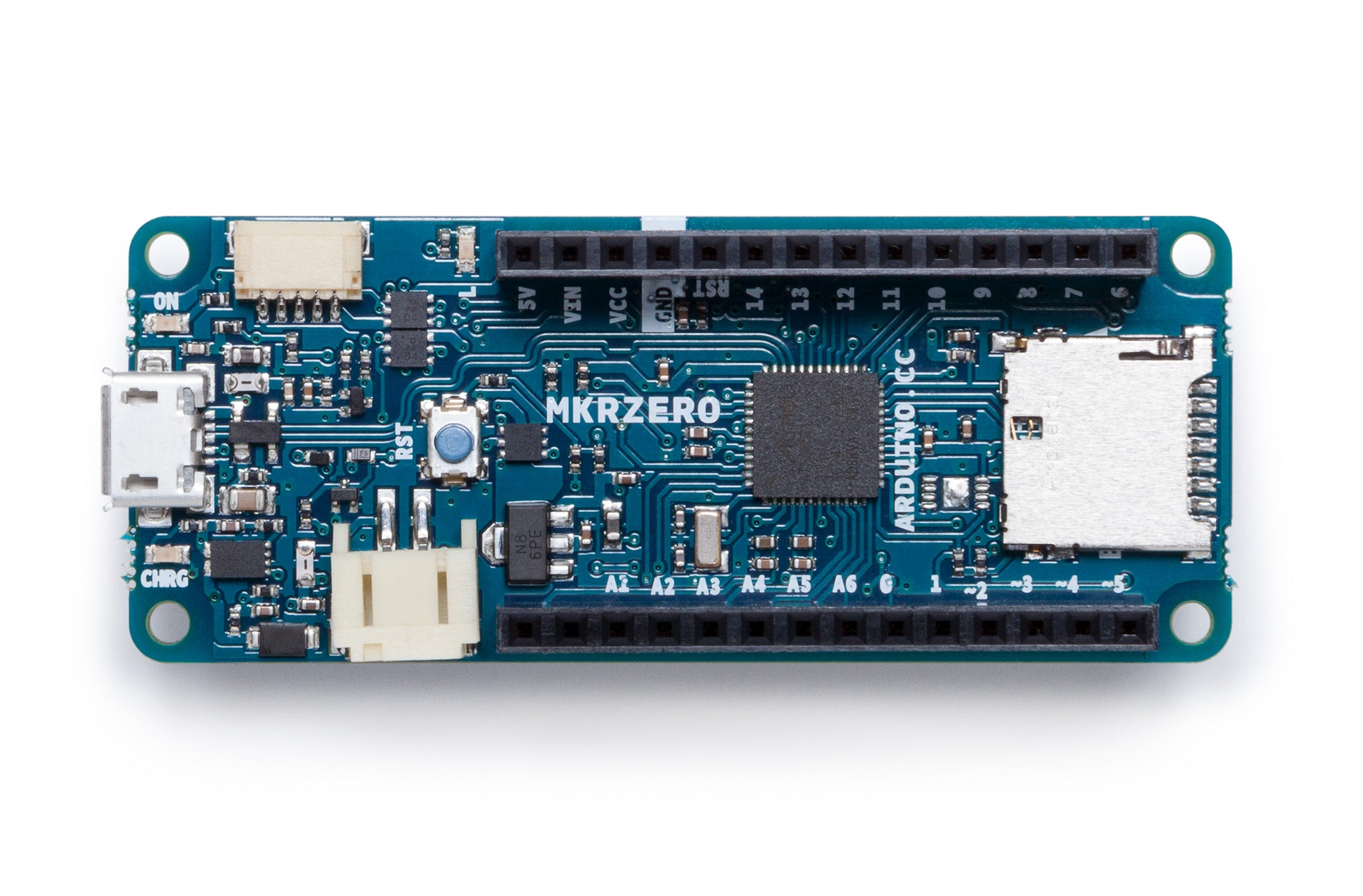 Front view of Arduino MKR Zero board featuring SAMD21 Cortex-M0+ microcontroller, micro USB port, and labeled pin headers on a compact blue PCB.