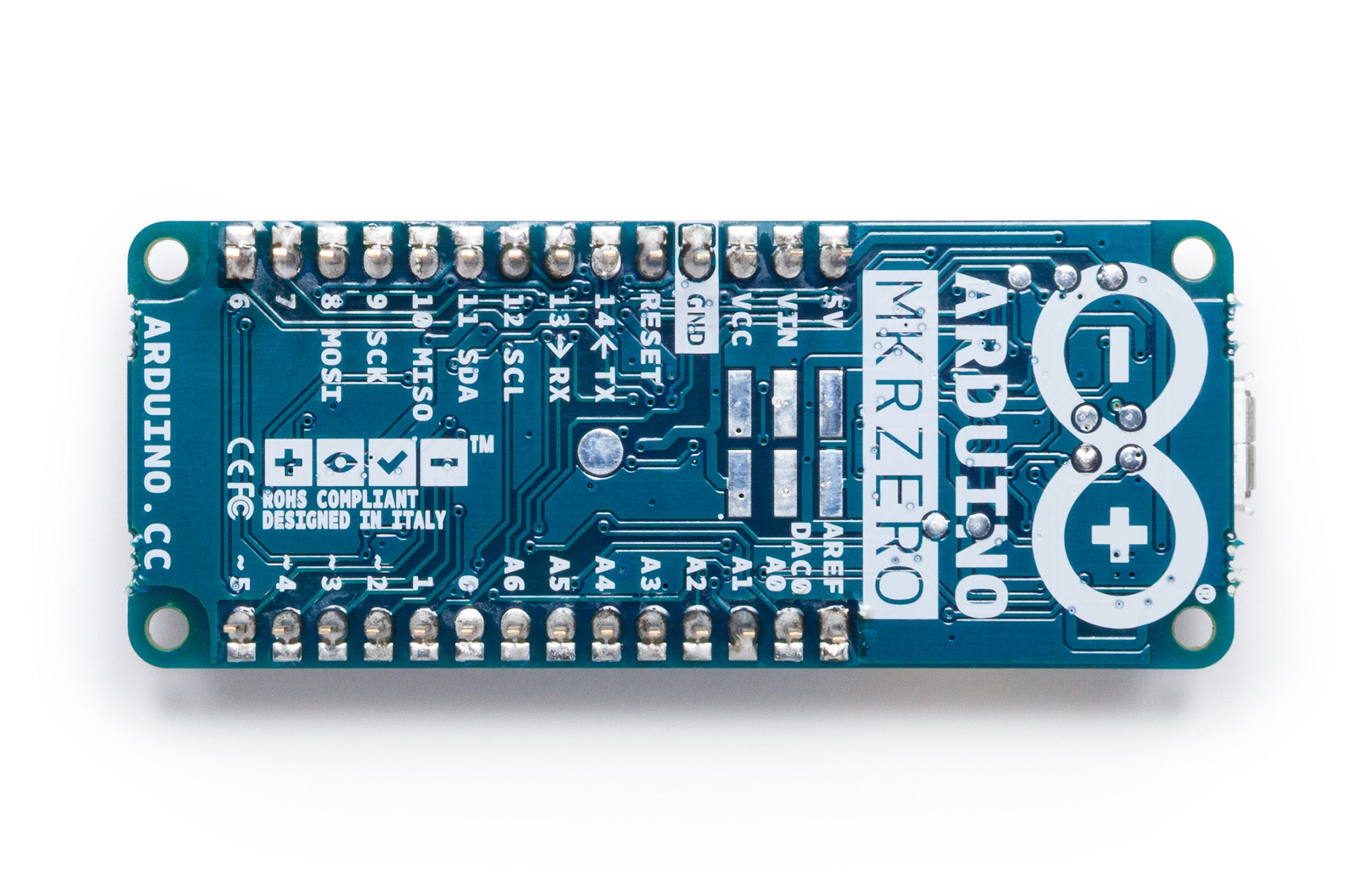 Back view of Arduino MKR Zero board displaying solder pads, circuit traces, and silkscreen labels on the reverse side of the blue PCB.