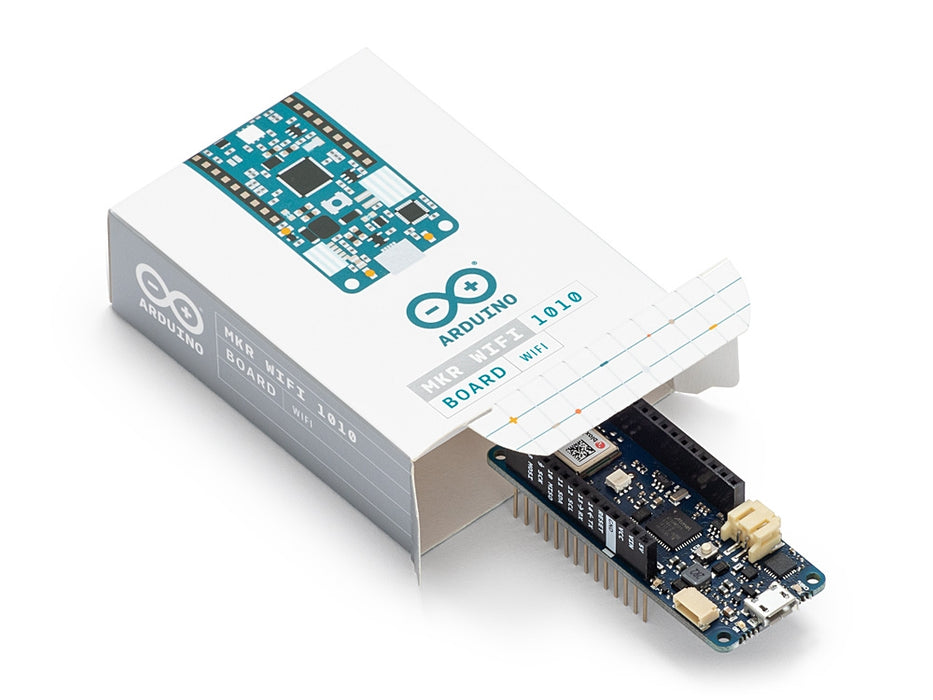 圖中展示了 Arduino MKR WiFi 1010 開發板及其包裝內容,包括品牌產品包裝盒。