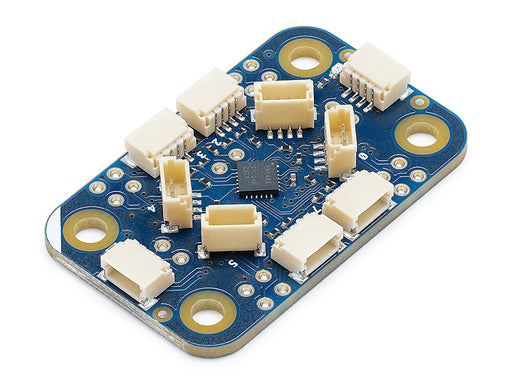 Isometric angled view of the Arduino Modulino Hub, highlighting the low-profile micro-connectors designed for fast, solderless hardware prototyping.
