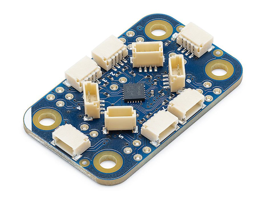 Isometric angled view of the Arduino Modulino Hub, highlighting the low-profile micro-connectors designed for fast, solderless hardware prototyping.