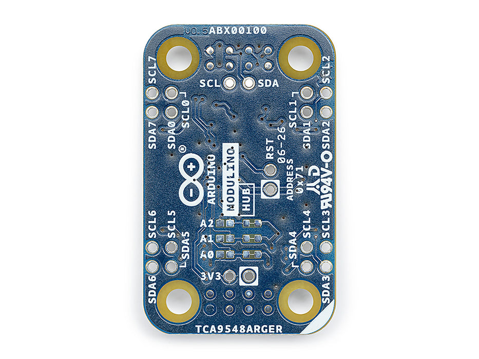 Bottom view of the Arduino Modulino Hub printed circuit board, showing the official Arduino silkscreen branding and precise metallic solder points.