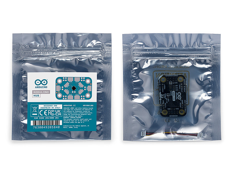 Front and back view of the official Arduino Modulino Hub retail packaging, showing the sealed silver anti-static ESD bag with its product label on the left, and the black PCB board and cable visible through the semi-transparent backing on the right.