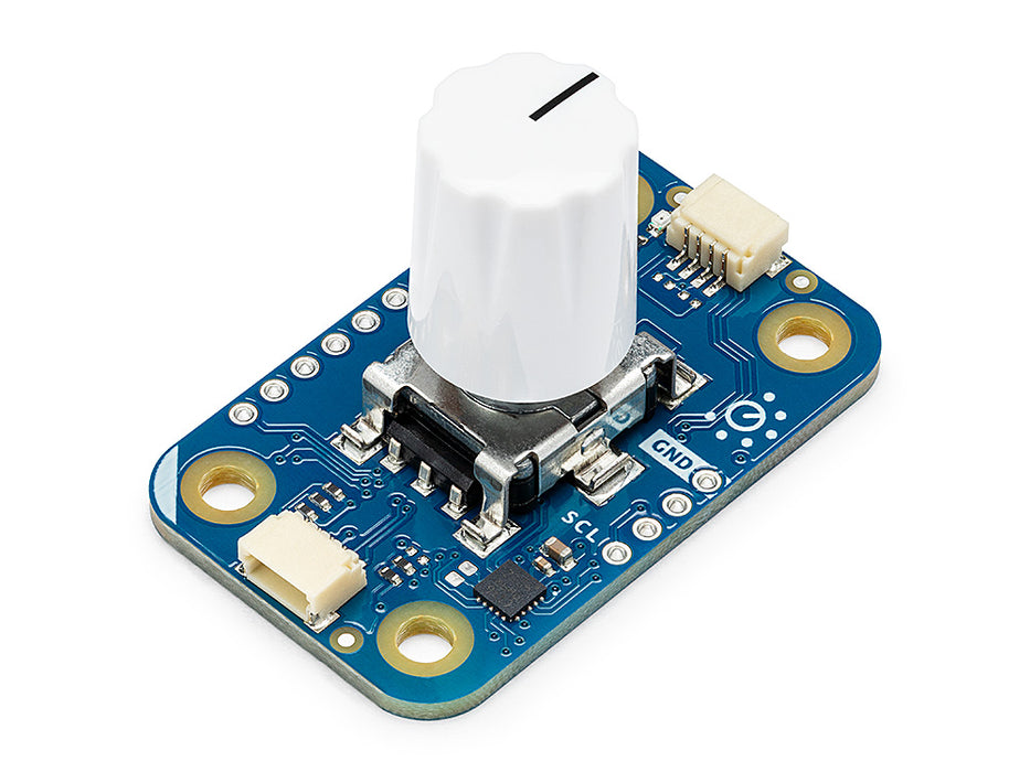 Electronic component with a white knob on a blue circuit board against a white background