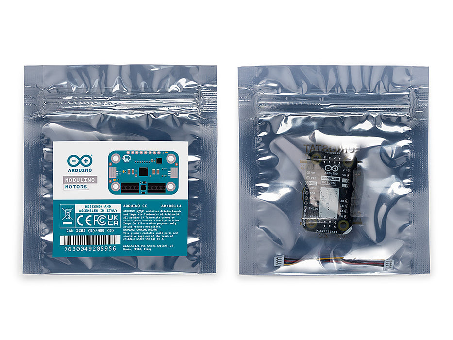 Official eco-friendly retail packaging box for the Arduino Modulino Motors, featuring the product name and standard Arduino logo.