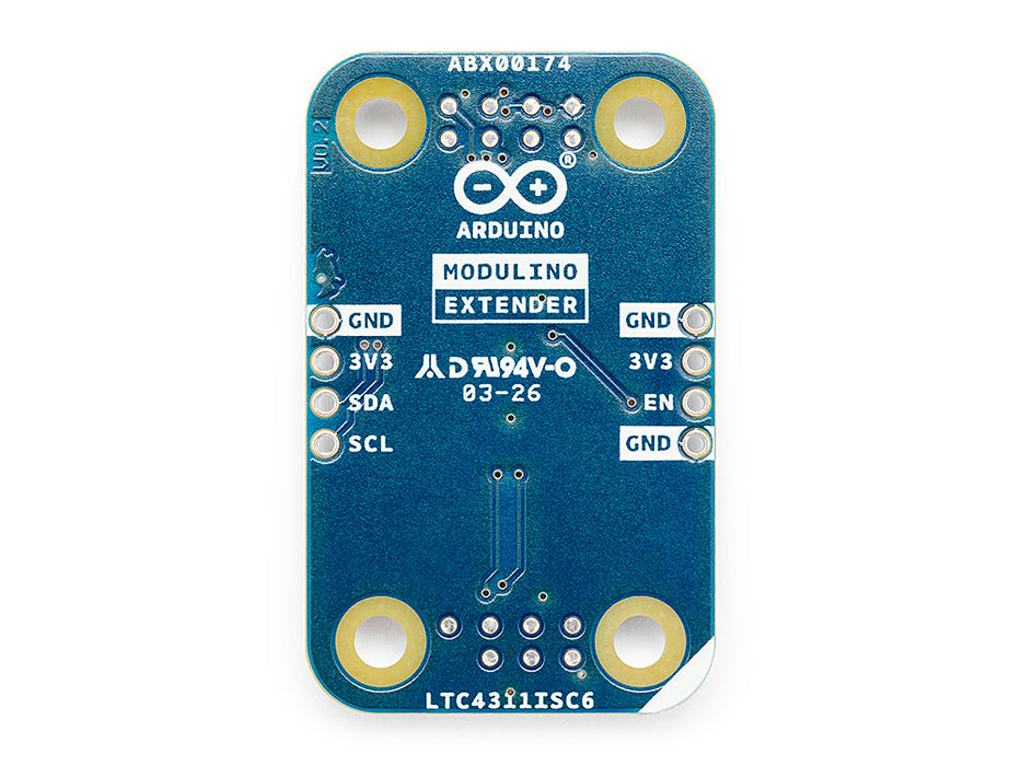 Back view of the Arduino Modulino Extender PCB, displaying the official Arduino branding, white silkscreen text, and metallic solder pads.