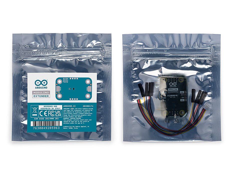 Front and back view of the official Arduino Modulino Extender retail packaging, showing the sealed silver anti-static ESD bag with its product label on the left, and the compact PCB visible through the semi-transparent backing on the right.