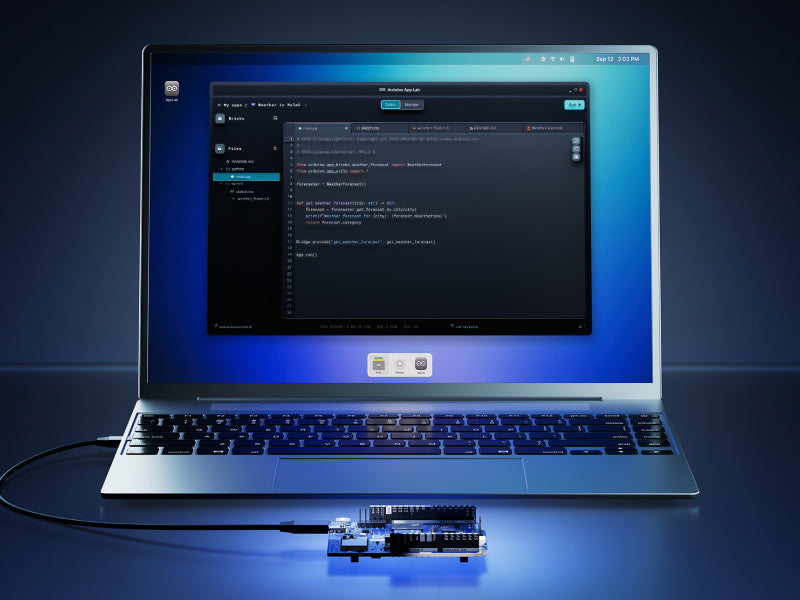 Front view of 'Arduino UNO Q PC Connected mode'. An Arduino UNO Q board is connected via USB to a modern laptop. The laptop screen displays the Arduino App Lab interface, showing the board being used as a development tool for external coding and AI tasks.