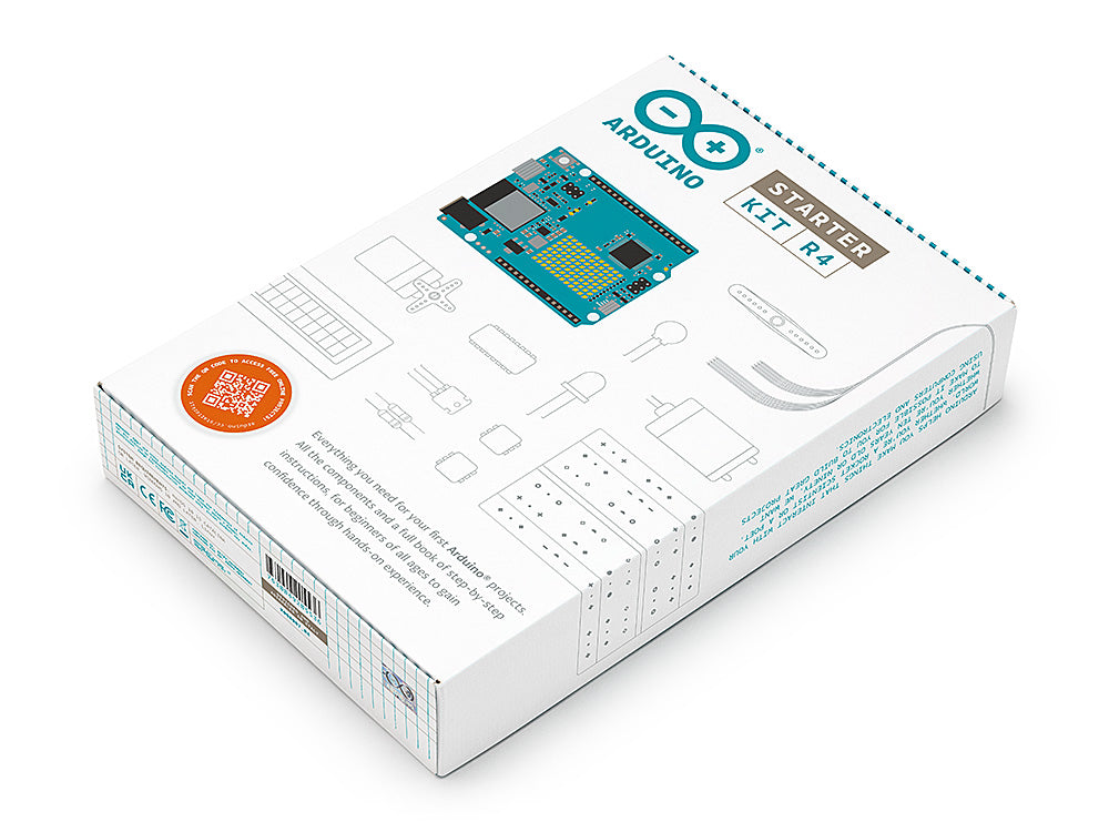 A 3/4 angle view of the Arduino Starter Kit R4 box, showing the Uno R4 board and illustrations of electronic components.