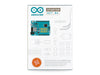 Front cover of the Arduino Starter Kit R4 box. White packaging with Arduino logo, 'STARTER KIT R4' title, line drawings of components (Uno R4, servo, LED, DC motor, breadboard), and a QR code.