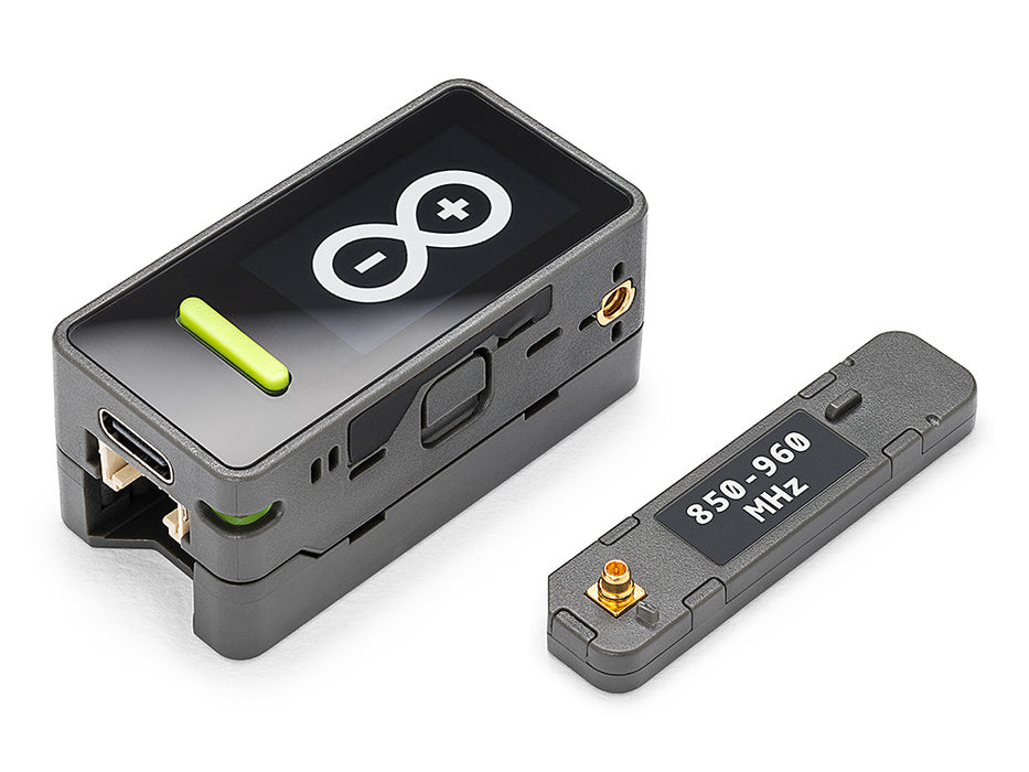 Arduino Nesso N1 with the external Wi-Fi 6 / LoRa antenna module and pigtail connector detached.