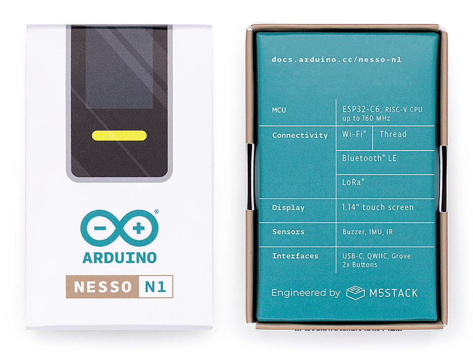 Close-up of the Arduino Nesso N1 product information card, listing key technical specifications.