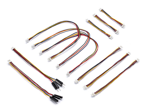 Qwiic Cables Bundle showing a set of Qwiic cables—3 × 50 mm, 3 × 100 mm, 3 × 200 mm—plus one 100 mm male Qwiic header and one 100 mm female Qwiic header, displayed neatly on a white background.