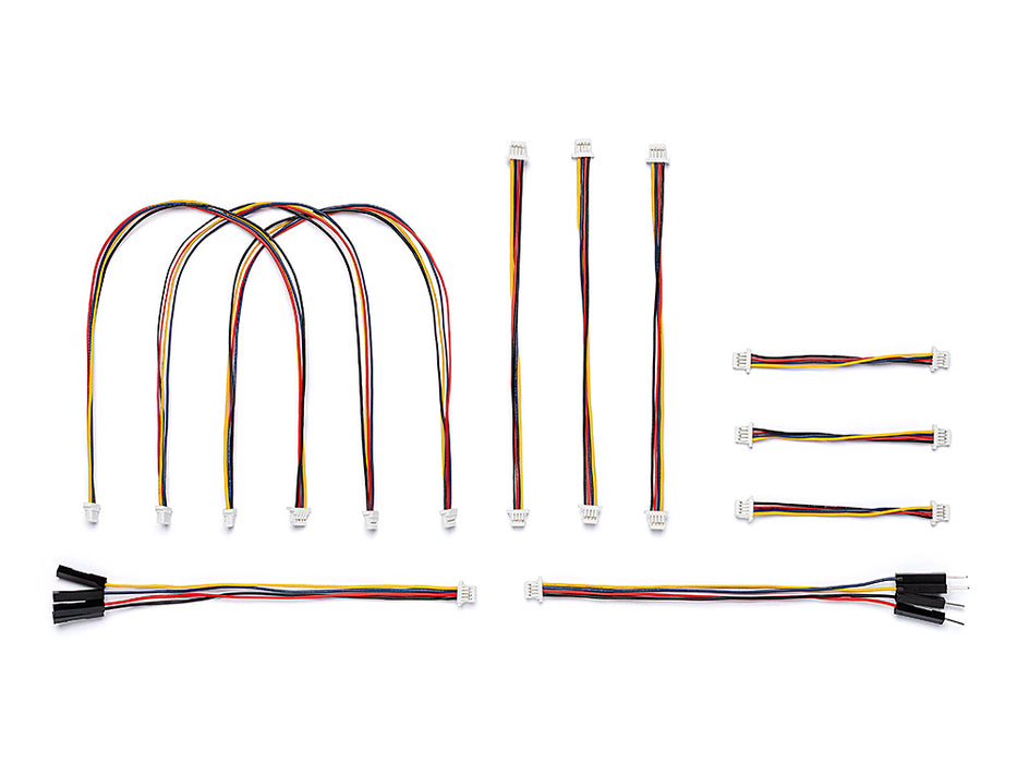 Front view of Qwiic Cables Bundle showing a set of Qwiic cables—3 × 50 mm, 3 × 100 mm, 3 × 200 mm—plus one 100 mm male Qwiic header and one 100 mm female Qwiic header, displayed neatly on a white background.