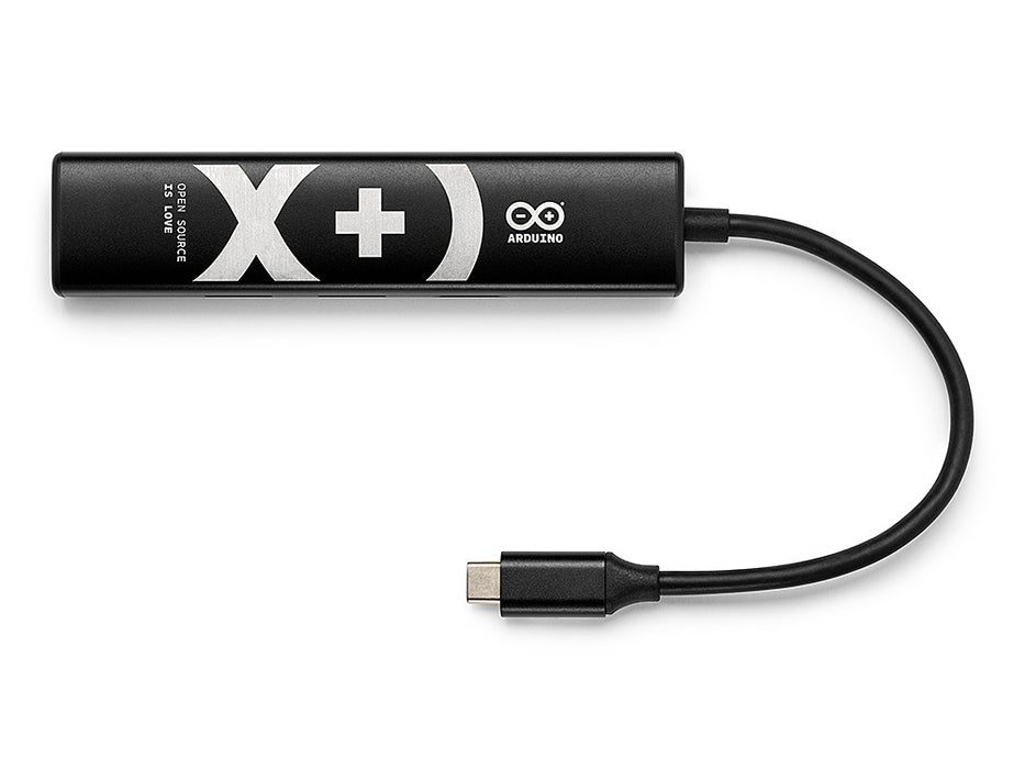 Top-down view of the black Arduino USB-C Hub, with Arduino logo, and "Open Source is Love" tagline with integrated USB-C cable.