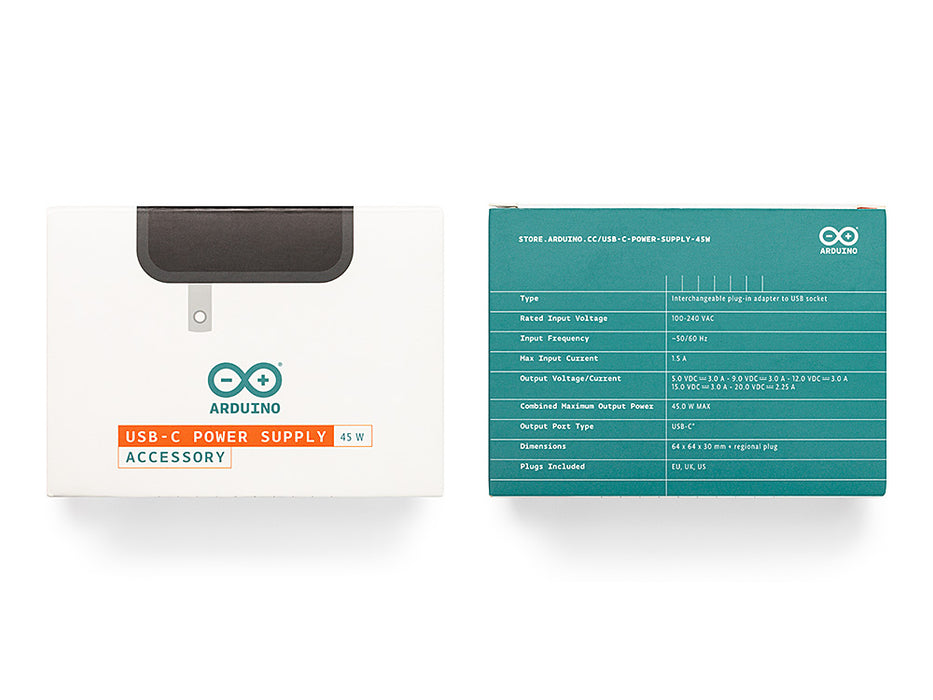 Front and back of the Arduino 45W USB-C Power Supply retail box showing technical specifications.