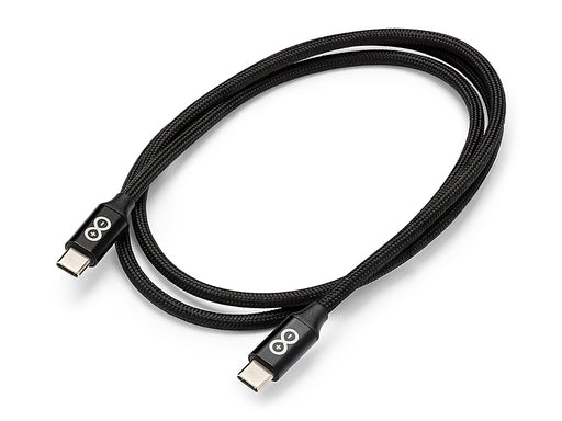 Braided black Arduino USB-C to USB-C cable (24-pin) for high-speed data transfer and power delivery, angled view on white background.