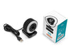 Unboxed Arduino USB Camera beside its white and teal retail box, showing the ring-light webcam on its clip stand with the USB-A cable coiled alongside.