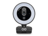 Front view of the Arduino USB Camera, featuring the illuminated LED ring light, sliding privacy shutter over the lens, touch brightness icon, and Arduino logo on the base.