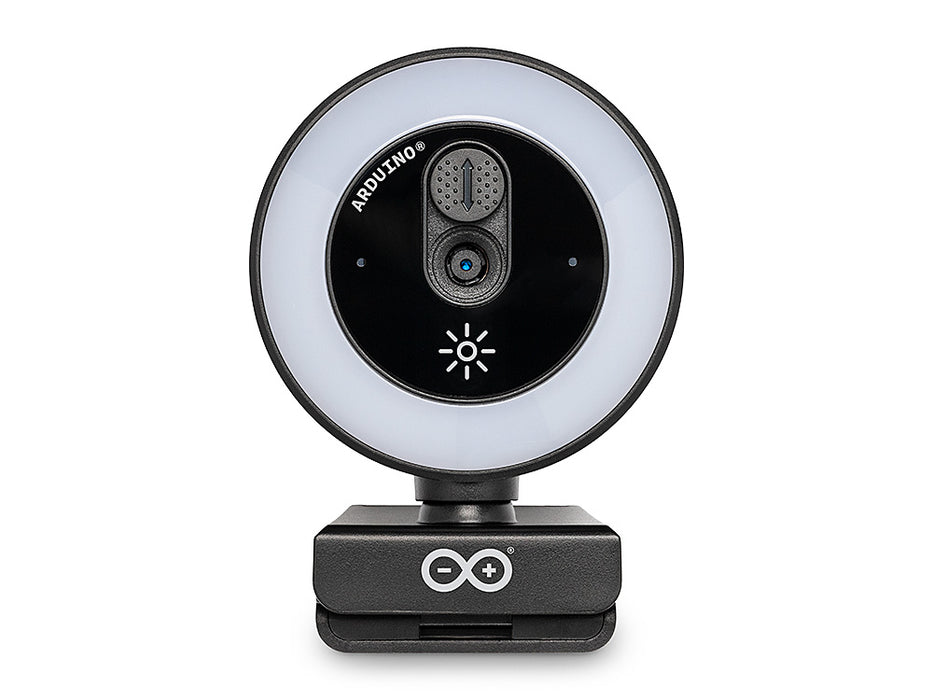 Front view of the Arduino USB Camera, featuring the illuminated LED ring light, sliding privacy shutter over the lens, touch brightness icon, and Arduino logo on the base.