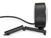 Side view of the Arduino USB Camera, showing the ribbed cylindrical housing, rear cable exit, and hinged monitor clip unfolded into its mounting position.