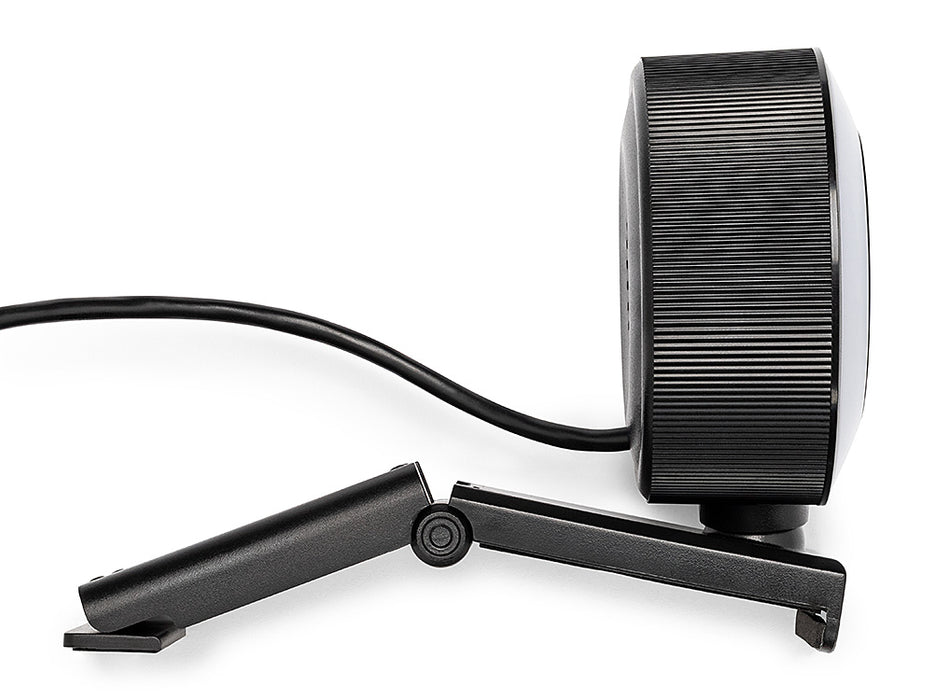 Side view of the Arduino USB Camera, showing the ribbed cylindrical housing, rear cable exit, and hinged monitor clip unfolded into its mounting position.