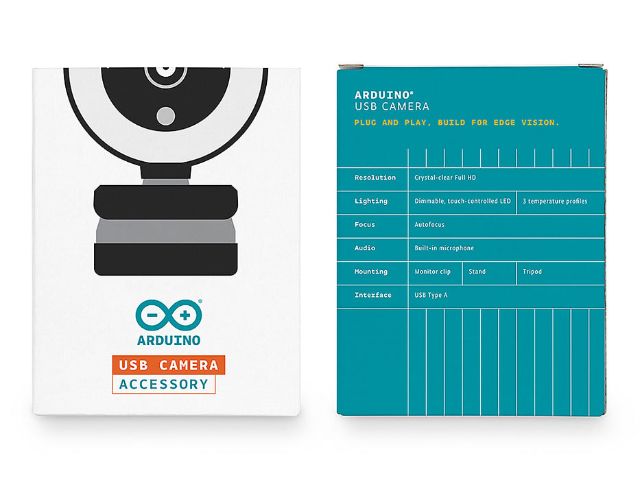 Front and back of the Arduino USB Camera retail box, showing the webcam illustration and a specifications table covering resolution, lighting, focus, audio, mounting, and interface.