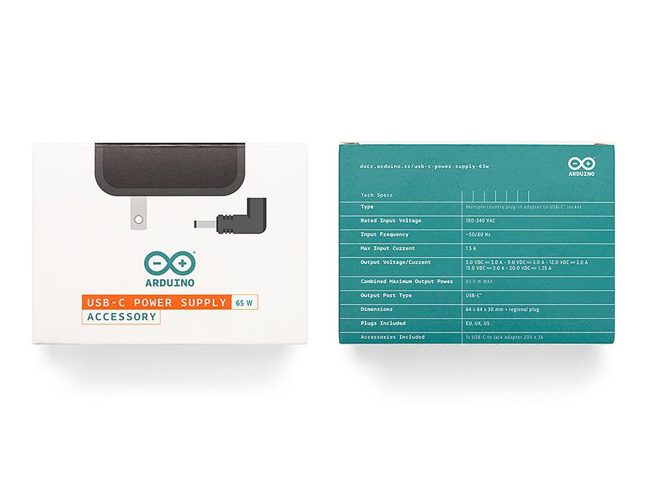 Product packaging panels for the Arduino 65W USB-C power supply. The teal panel lists technical specifications, including multiple voltage outputs, a maximum 65W power, a USB-C output port, and the list of included EU, UK, and US plugs and a DC jack adapter. The white panel shows a diagram of a DC plug adapter.