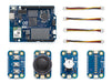 Front view of the Arduino UNO Q SBC controller bundle, showing the main board and four Modulino sensor modules with connecting cables.