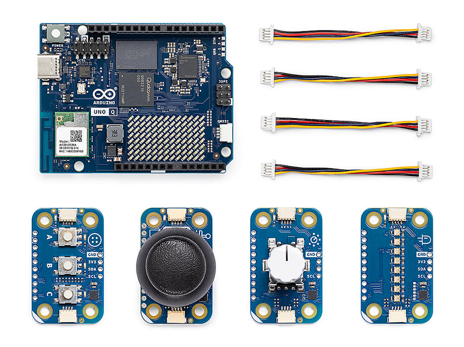 Front view of the Arduino UNO Q SBC controller bundle, showing the main board and four Modulino sensor modules with connecting cables.