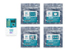 Retail packaging of the Arduino UNO Q SBC controller bundle, showing the boxed board and four sealed Modulino Pixels, Knob, Joystick, and Buttons modules.