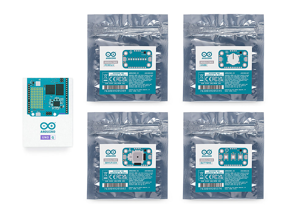 Retail packaging of the Arduino UNO Q SBC controller bundle, showing the boxed board and four sealed Modulino Pixels, Knob, Joystick, and Buttons modules.