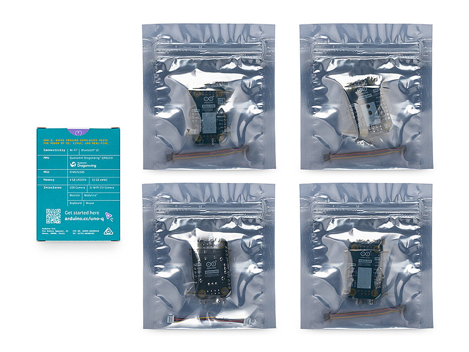 Unboxed view of the Arduino UNO Q SBC controller bundle packaging, showing the spec sheet and four sealed anti-static bags with Modulino modules.