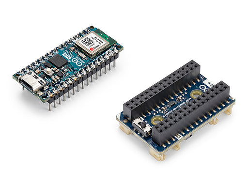 Arduino Nano ESP32 board with headers and Nano Connector Carrier placed side by side on a white background, showing the top faces of both components separately