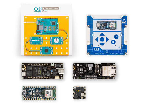 Front view of Arduino Plug and Make Kit with multiple electronic boards, including microcontrollers, sensors, and development modules arranged on a white background.