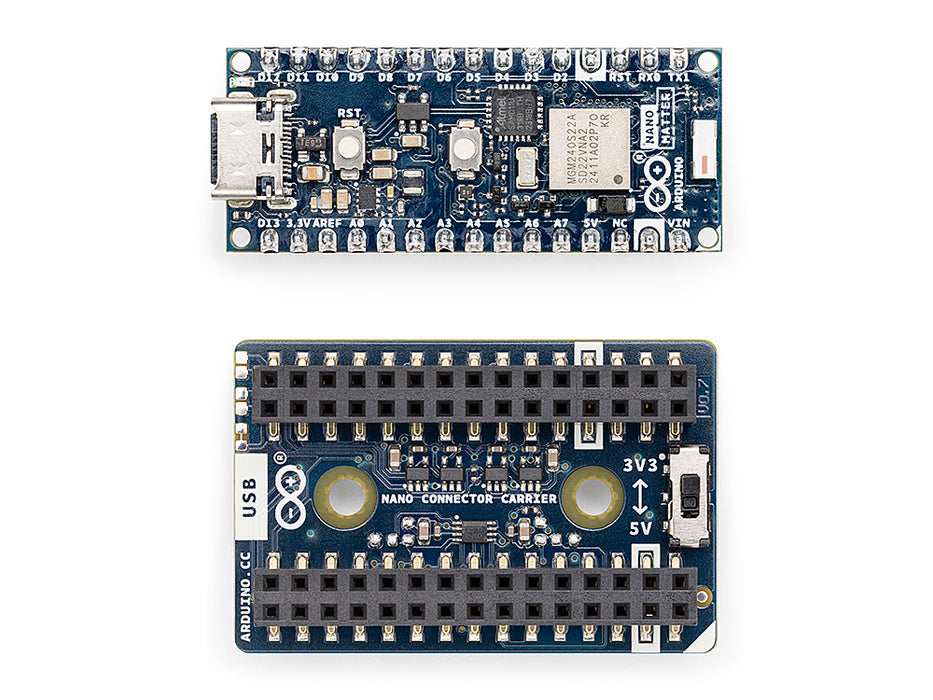 Close-up of Arduino Nano Matter board positioned next to the Nano Connector Carrier on a clean white background, highlighting the plug-and-play connector interfaces