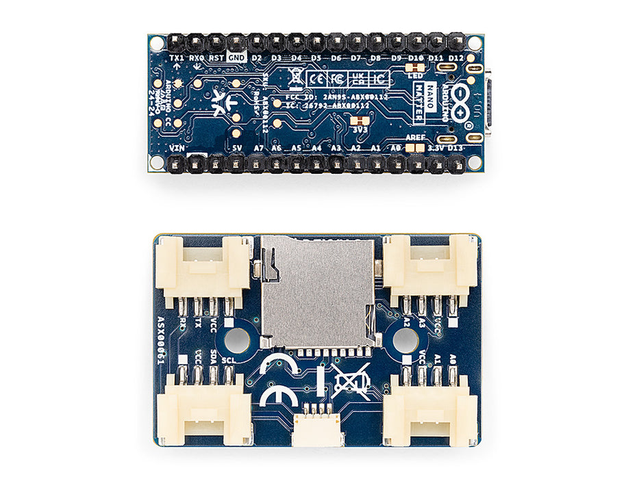 Rear view of the Arduino Nano Matter board with headers and the Nano Connector Carrier, displayed separately on a white background to show the backside layout and connector details.