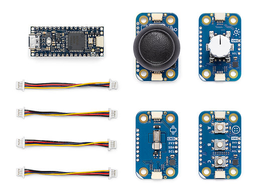 Collection of electronic components including microcontrollers and sensors on a white background