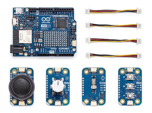 Electronic components including a microcontroller board, sensors, and cables on a white background